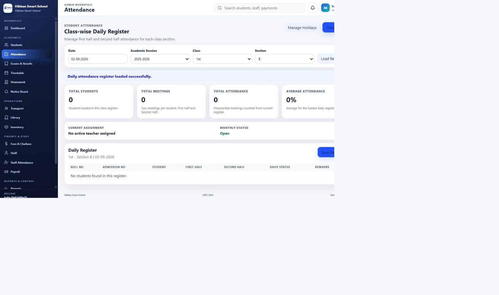 Class-wise attendance workspace