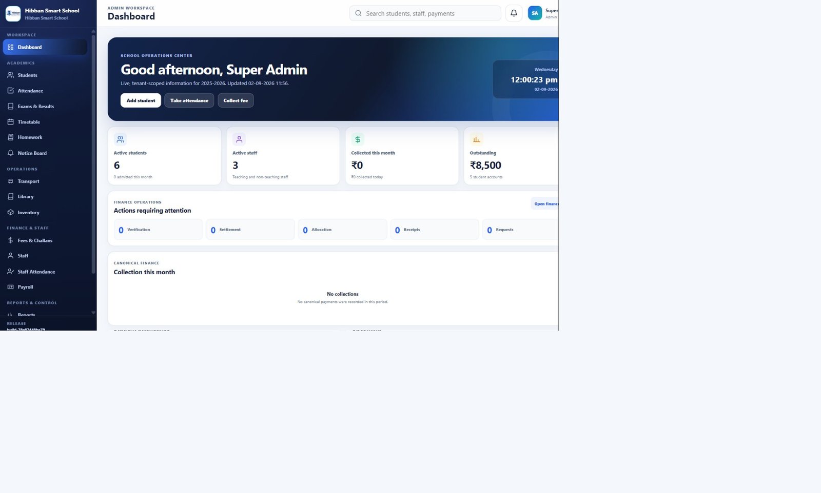 Actual Hibban SmartSchool administration dashboard