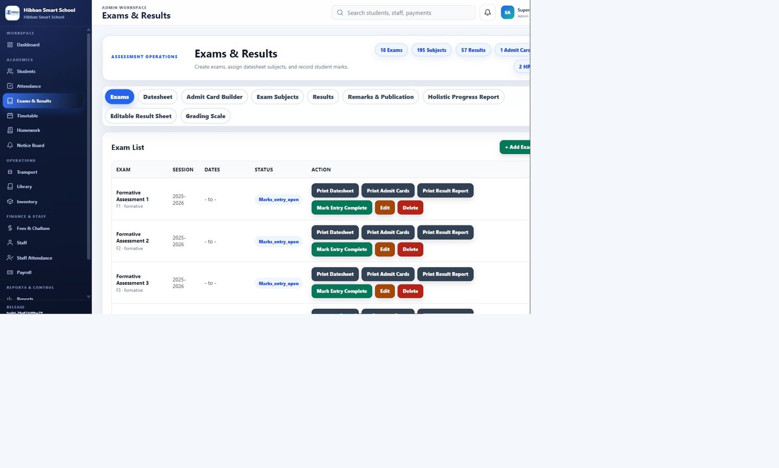 Hibban SmartSchool examination and results workspace