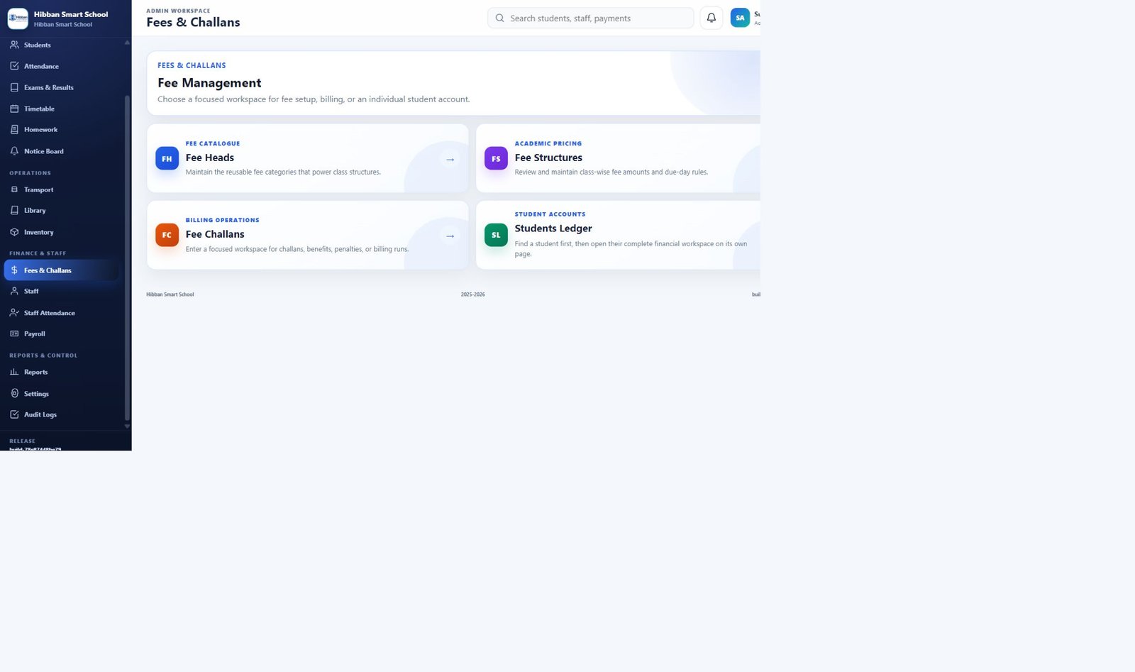 Hibban SmartSchool fee management workspace