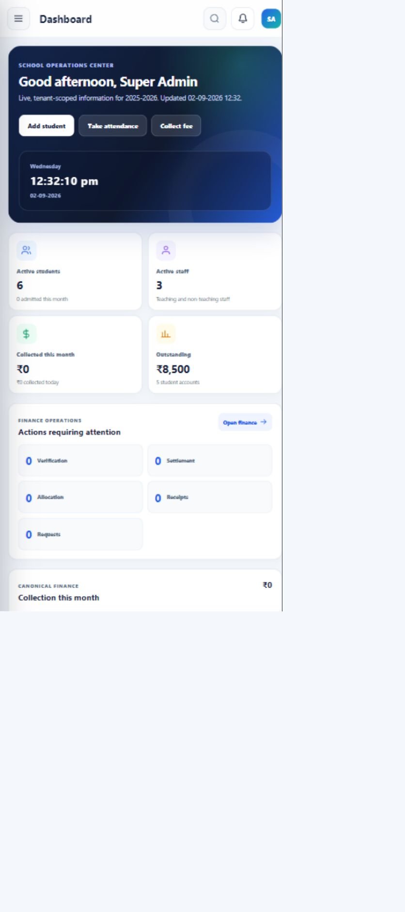 Hibban SmartSchool responsive dashboard on a mobile screen